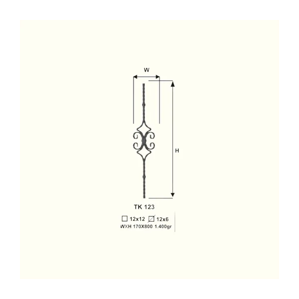 Декоративен прът от ковано желязо TK123  (11,5*5,5 mm) 170*800 mm, 170*800 mm