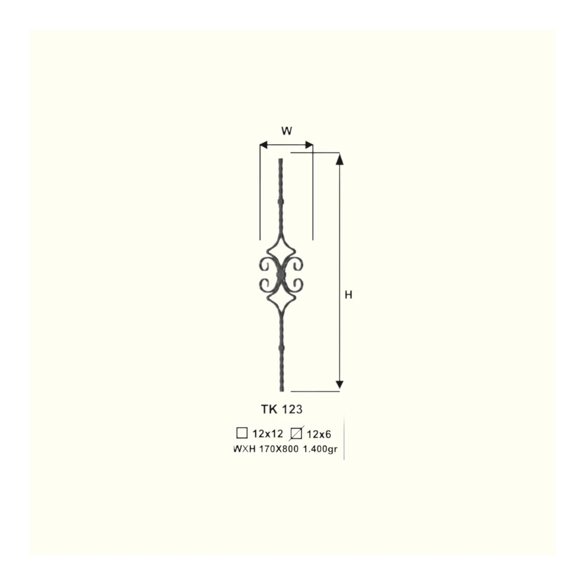 Декоративен прът от ковано желязо TK123  (11,5*5,5 mm) 170*800 mm, 170*800 mm
